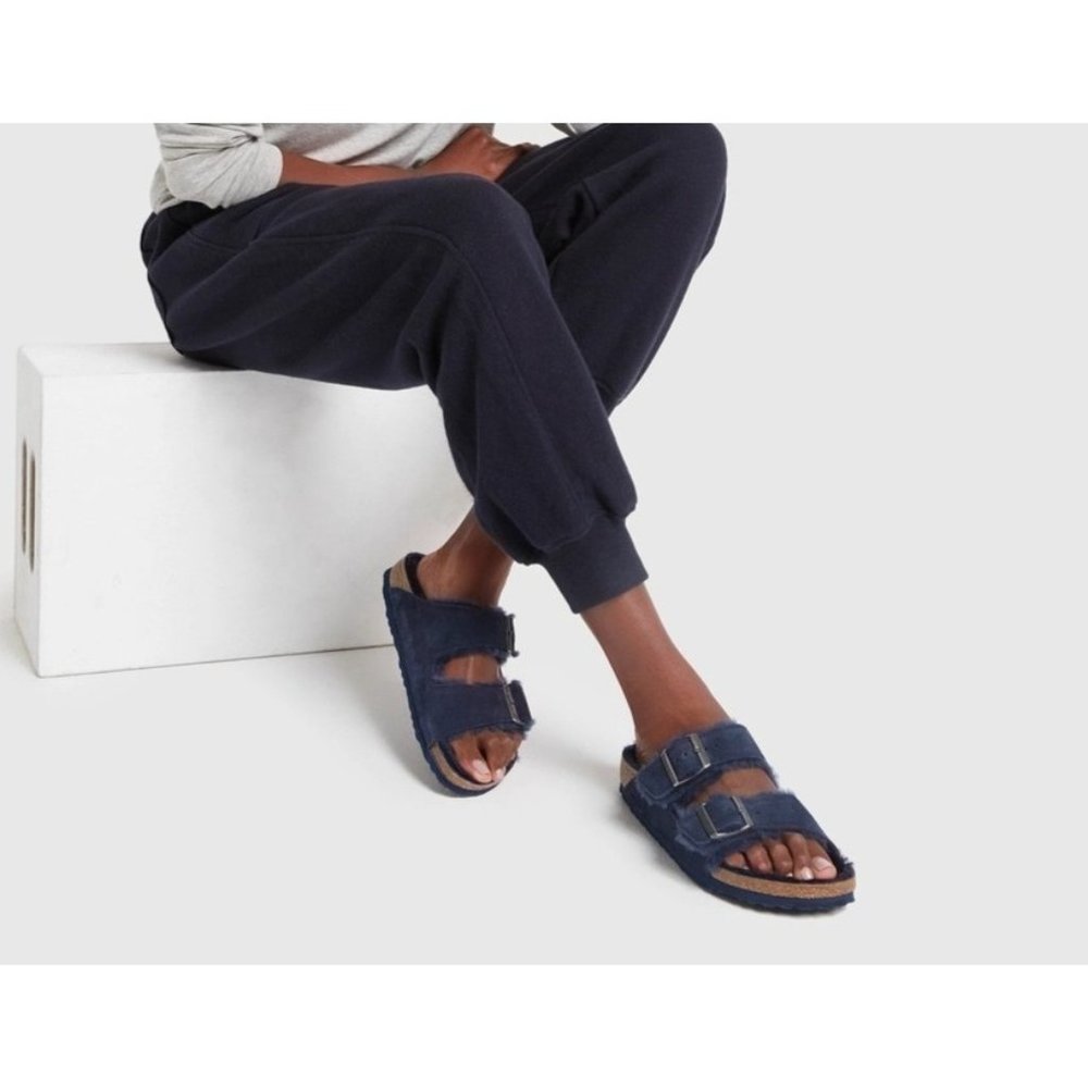 NWT Birkenstock Arizona Shearling Sandals in Midnight Suede Leather SZ 37 Narrow
